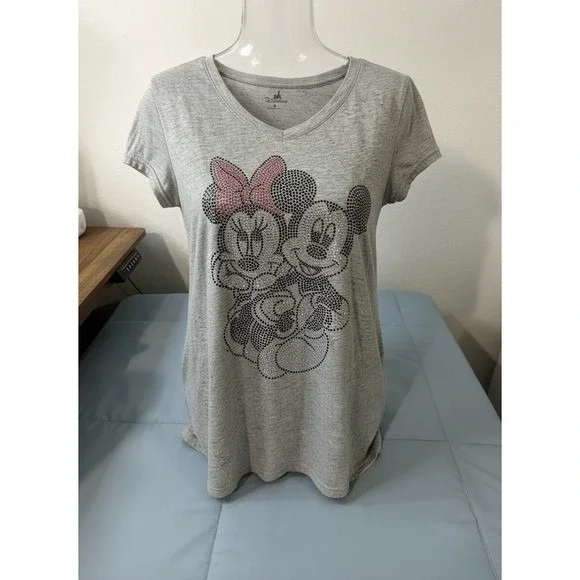 Disney Mickey and Minnie Mouse Rhinestone V Neck‎ T Shirt Women's Grey XL (4) - Picture 2 of 2